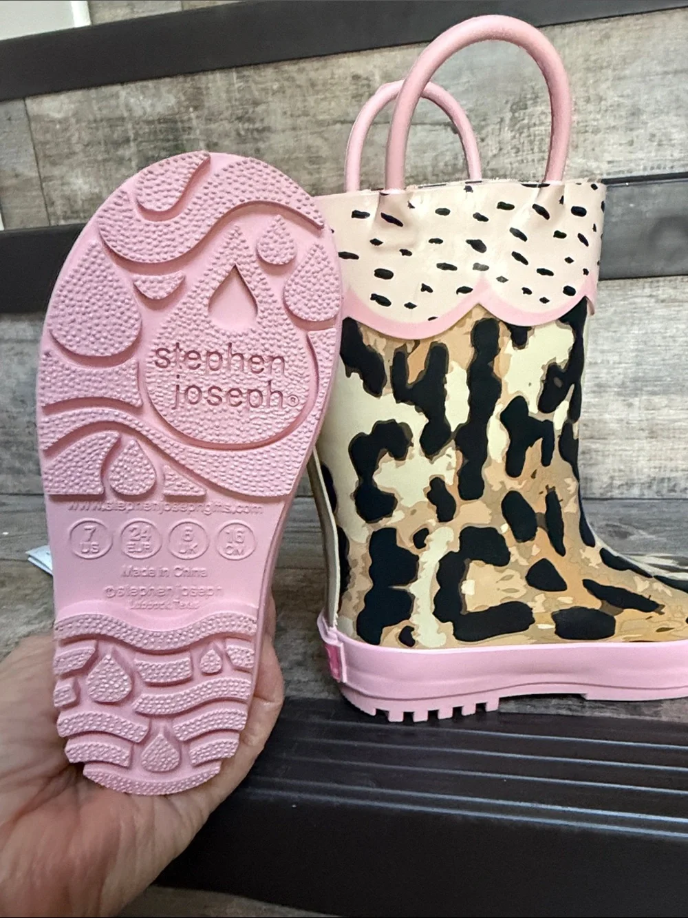 NWT Stephen Joseph Kids' SIZE 7 Leopard Rain Boots in Pink Trim